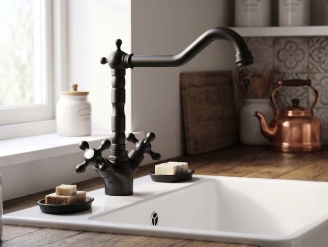 Aquanello Heritage Ascot Klassieke Keuken Nostalgische Keukenkraan Zwart met Haakse Uitloоp BL-4002-HA