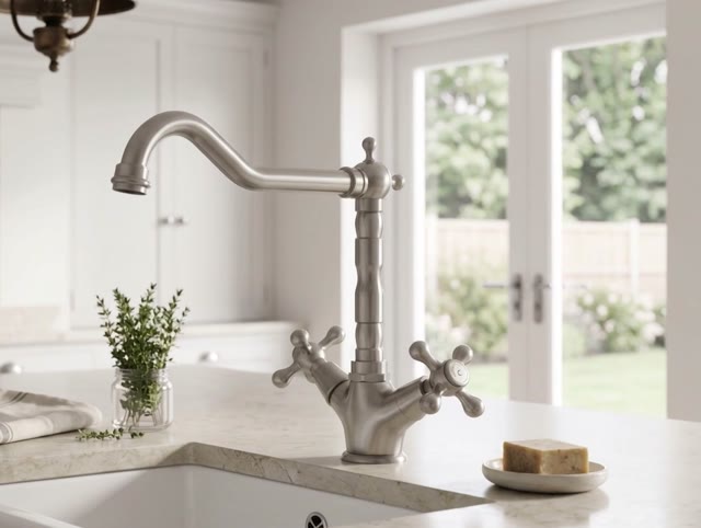 Aquanello Heritage Ascot Klassieke Keuken Nostalgische Keukenkraan RVS met Haakse Uitloоp NB-4002-HA