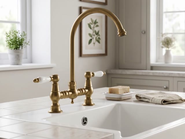 Aquanello Heritage Manor Klassieke Keuken Nostalgische Brug Keukenkraan Brons met Witte Hendel en ronde Uitlop BN-4001-HA