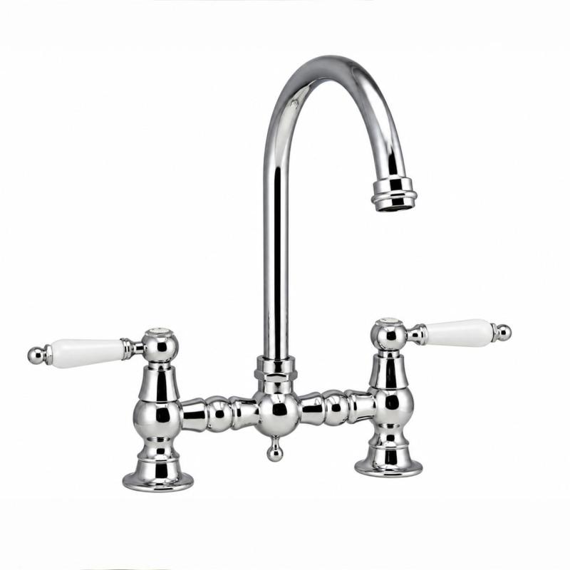 Aquanello Heritage Manor Klassieke Keuken Nostalgische Brug Keukenkraan Chroom met Witte Hendel en Ronde Uitlop CR-4001-HA