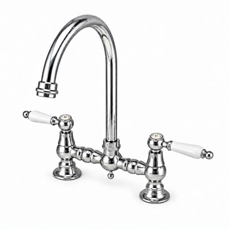 Aquanello Heritage Manor Klassieke Keuken Nostalgische Brug Keukenkraan Chroom met Witte Hendel en Ronde Uitlop CR-4001-HA