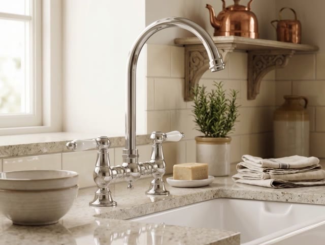 Aquanello Heritage Manor Klassieke Keuken Nostalgische Brug Keukenkraan Chroom met Witte Hendel en Ronde Uitlop CR-4001-HA