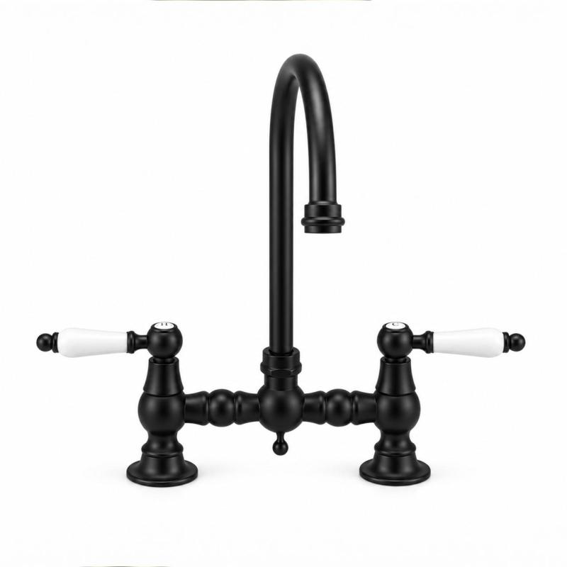 Aquanello Heritage Manor Klassieke Keuken Nostalgische Brug Keukenkraan Zwart met Witte Hendel en Ronde Uitlop BL-4001-HA