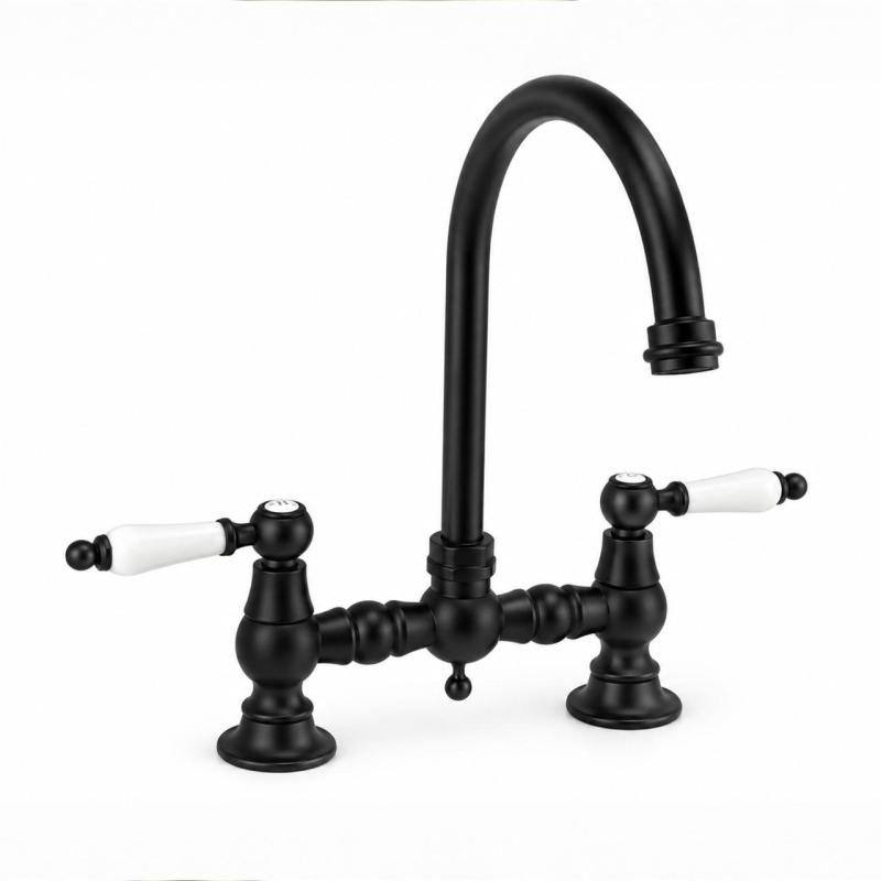 Aquanello Heritage Manor Klassieke Keuken Nostalgische Brug Keukenkraan Zwart met Witte Hendel en Ronde Uitlop BL-4001-HA
