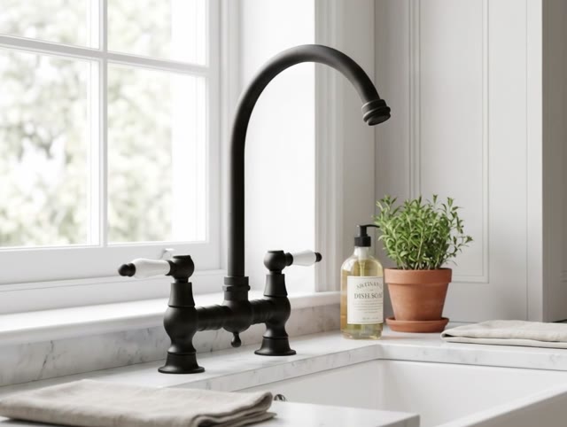 Aquanello Heritage Manor Klassieke Keuken Nostalgische Brug Keukenkraan Zwart met Witte Hendel en Ronde Uitlop BL-4001-HA