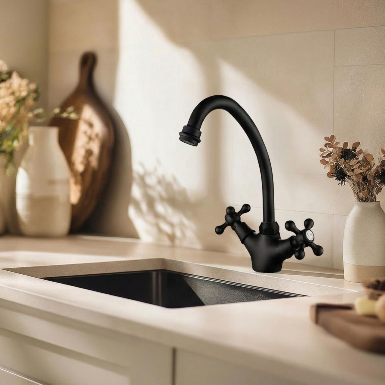 Aquanello Heritage Ascot Nostalgische Keukenkraan Zwart Tweegreeps BL-4004-HA
