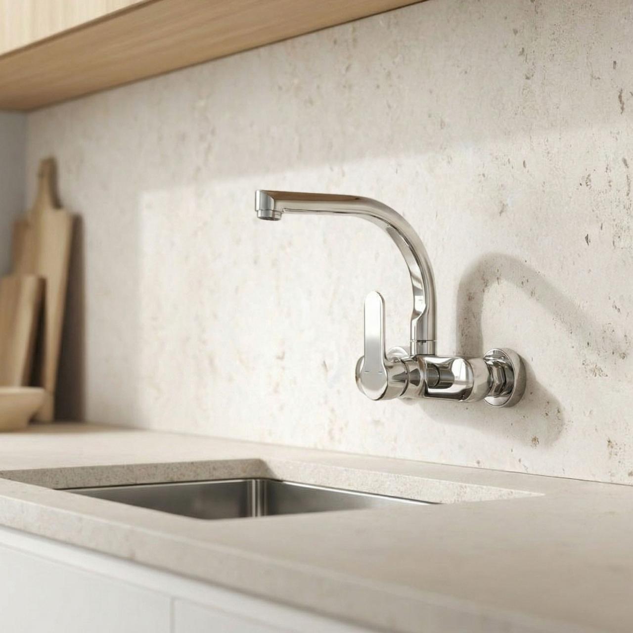 Aquanello Casa Chrome Single-Handle Wall-Mounted Kitchen Faucet with High Swivel Spout CR-1003-CS