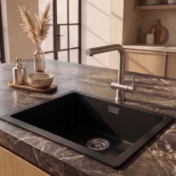 Pure.Sink Eternal Кварцова черна мивка 50x40 см за вграждане и за монтаж върху плот с тапа от неръждаема стомана