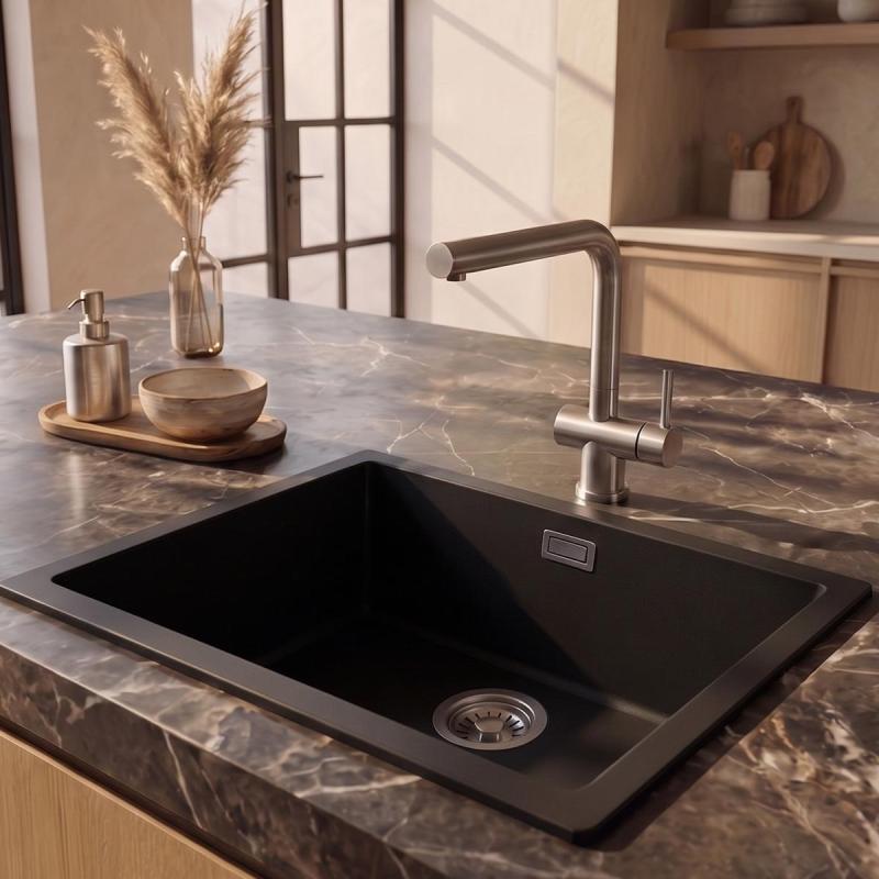 Pure.Sink Eternal Quartz Zwarte Spoelbak 50x40 cm Onderbouw en Opbouw met RVS plug