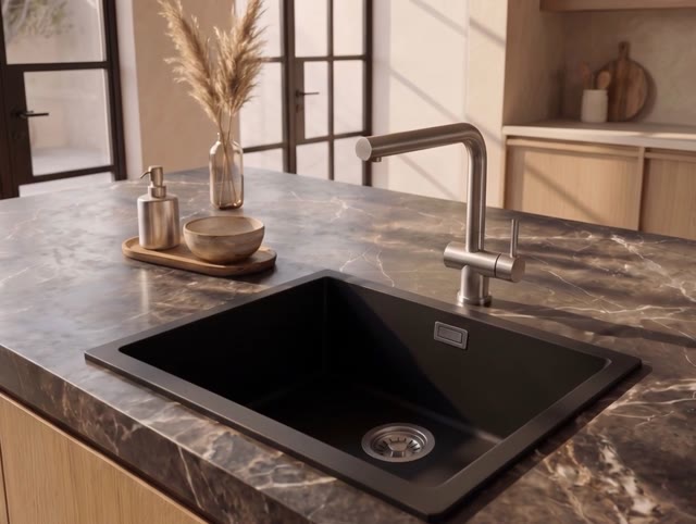 Pure.Sink Eternal Quartz Zwarte Spoelbak 50x40 cm Onderbouw en Opbouw met RVS plug