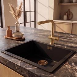 Pure.Sink Eternal Quartz Zwarte Spoelbak 50x40 cm Onderbouw en Opbouw met Gouden plug