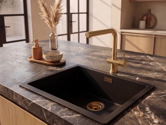 Pure.Sink Eternal Quartz Zwarte Spoelbak 50x40 cm Onderbouw en Opbouw met Gouden plug