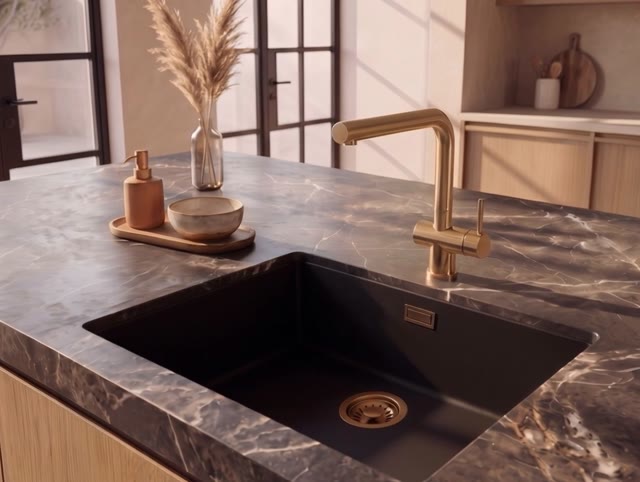 Pure.Sink Eternal Quartz Zwarte Spoelbak 50x40 cm Onderbouw en Opbouw met Gouden plug