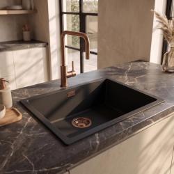 Pure.Sink Eternal Кварцова черна мивка 50x40 см за вграждане и за монтаж върху плот с медна запушалка
