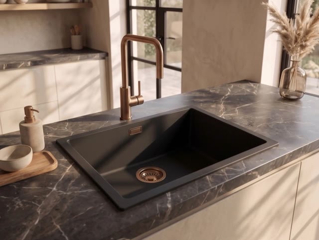 Pure.Sink Eternal Quartz Zwarte Spoelbak 50x40 cm Onderbouw en Opbouw met Koperen plug