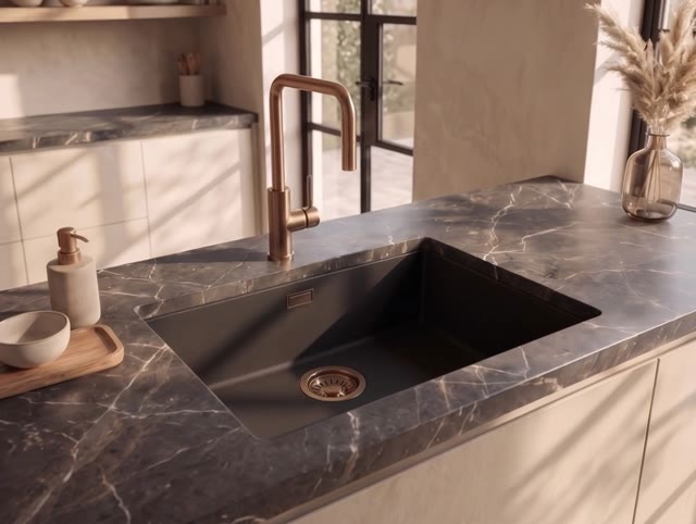 Pure.Sink Eternal Quartz Zwarte Spoelbak 50x40 cm Onderbouw en Opbouw met Koperen plug