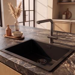 Pure.Sink Eternal Кварцова черна мивка 50x40 см за вграждане и за монтаж върху плот с капачка в цвят „Gun metal“
