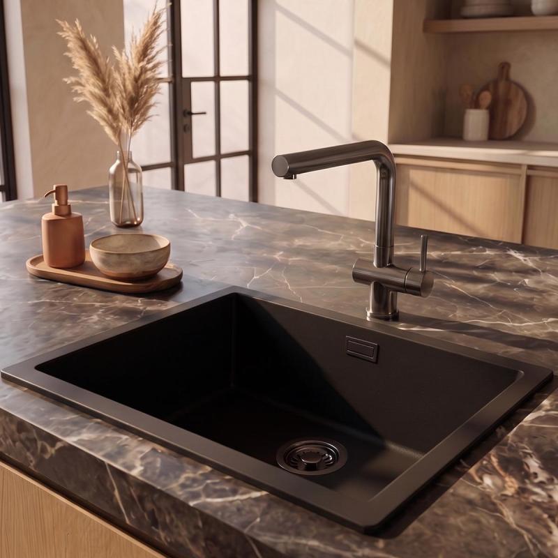 Pure.Sink Eternal Quartz Zwarte Spoelbak 50x40 cm Onderbouw en Opbouw met Gun metal plug