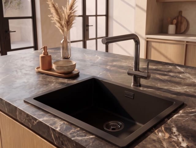 Pure.Sink Eternal Quartz Zwarte Spoelbak 50x40 cm Onderbouw en Opbouw met Gun metal plug