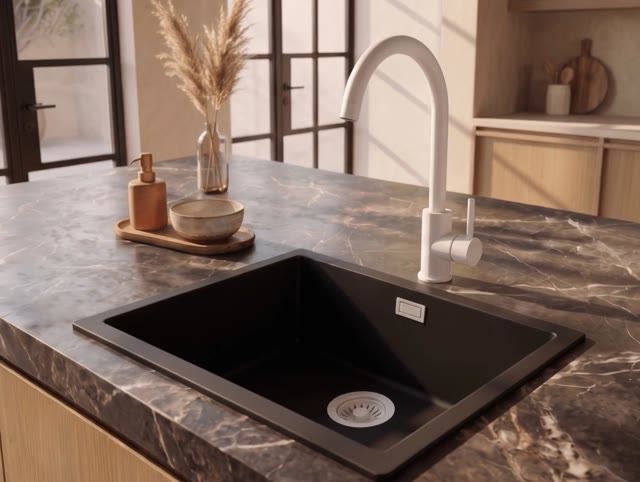 Pure.Sink Eternal Quartz Zwarte Spoelbak 50x40 cm Onderbouw en Opbouw met Witte plug