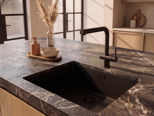 Pure.Sink Eternal Quartz Zwarte Spoelbak 50x40 cm Onderbouw en Opbouw met Zwarte plug