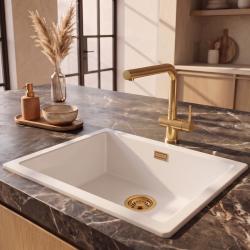 Pure.Sink Eternal Quartz Witte Spoelbak 50x40 cm Onderbouw en Opbouw met Gouden plug