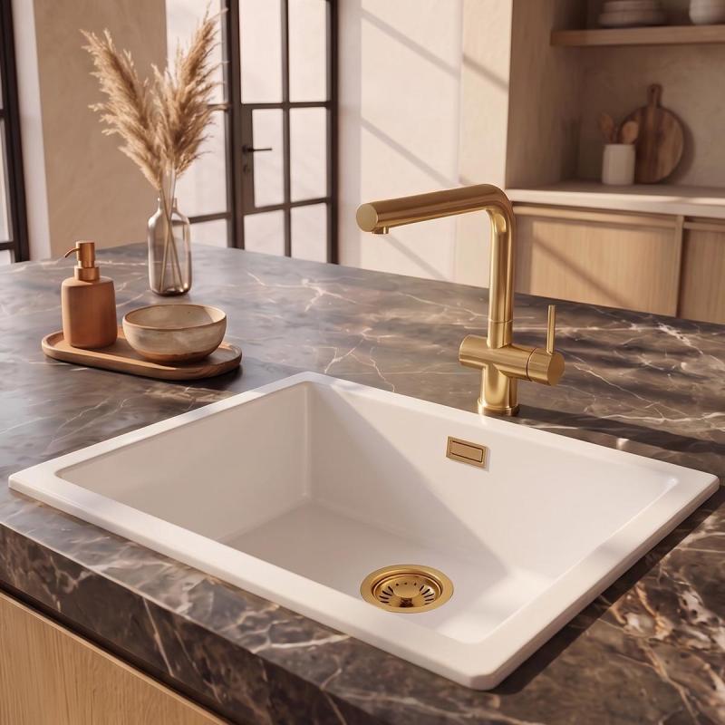 Pure.Sink Eternal Quartz Witte Spoelbak 50x40 cm Onderbouw en Opbouw met Gouden plug