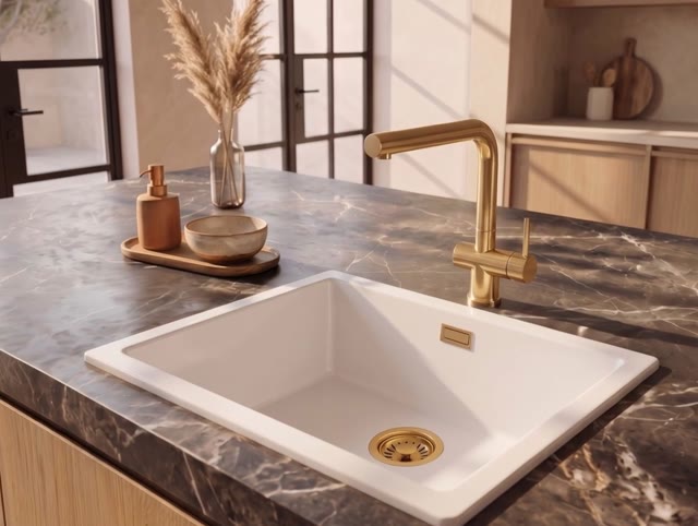 Pure.Sink Eternal Quartz Witte Spoelbak 50x40 cm Onderbouw en Opbouw met Gouden plug