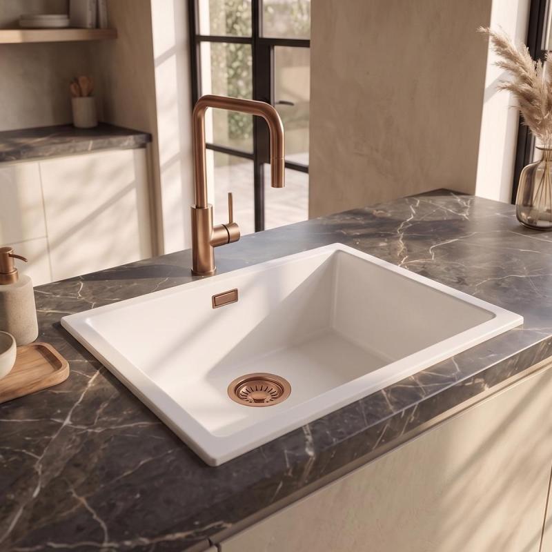 Pure.Sink Eternal Quartz Witte Spoelbak 50x40 cm Onderbouw en Opbouw met Koperen plug