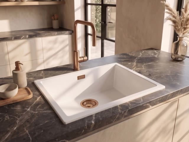 Pure.Sink Eternal Quartz Witte Spoelbak 50x40 cm Onderbouw en Opbouw met Koperen plug