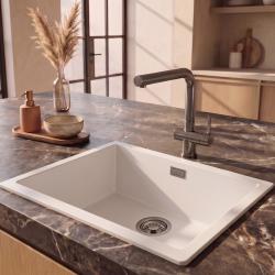 Pure.Sink Eternal Кварцова бяла мивка 50x40 см за вграждане и за монтаж върху плот с капак в цвят „Gun metal“