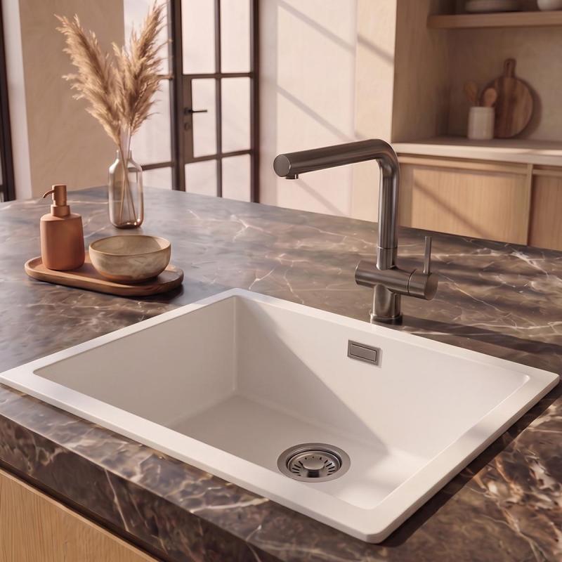 Pure.Sink Eternal Quartz Witte Spoelbak 50x40 cm Onderbouw en Opbouw met Gun metal plug