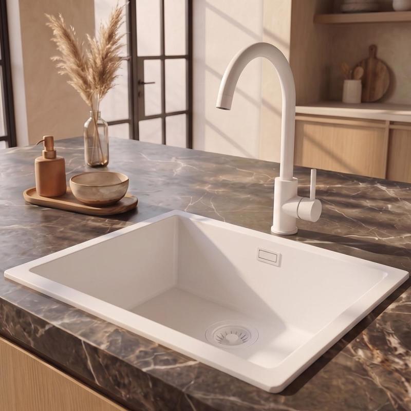 Pure.Sink Eternal Quartz Witte Spoelbak 50x40 cm Onderbouw en Opbouw met Witte plug
