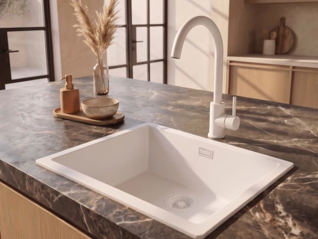 Pure.Sink Eternal Quartz Witte Spoelbak 50x40 cm Onderbouw en Opbouw met Witte plug
