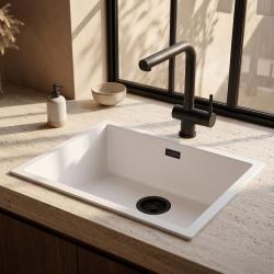 Pure.Sink Eternal Кварцова бяла мивка 50x40 см за вграждане и за монтаж върху плот с черен сифон