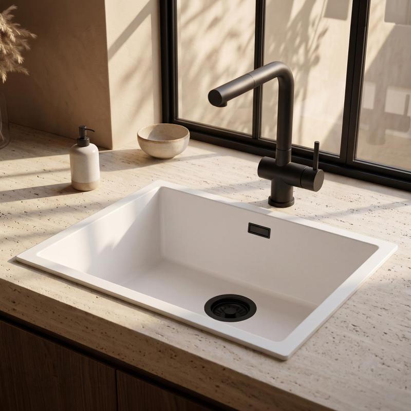 Pure.Sink Eternal Quartz Witte Spoelbak 50x40 cm Onderbouw en Opbouw met Zwarte plug