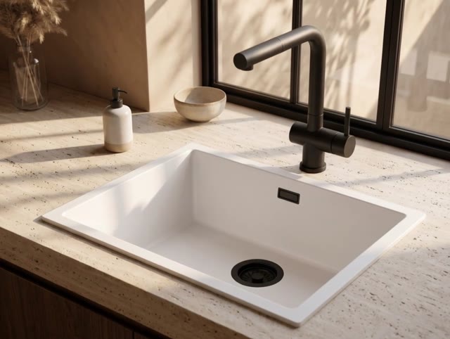 Pure.Sink Eternal Quartz Witte Spoelbak 50x40 cm Onderbouw en Opbouw met Zwarte plug