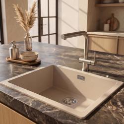 Pure.Sink Eternal Quartz Coffee cream мивка 50x40 см, за вграждане и за монтаж върху плот, с тапа от неръждаема стомана