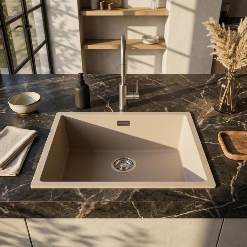 Pure.Sink Eternal Quartz Coffee cream Spoelbak 50x40 cm Onderbouw en Opbouw met RVS plug