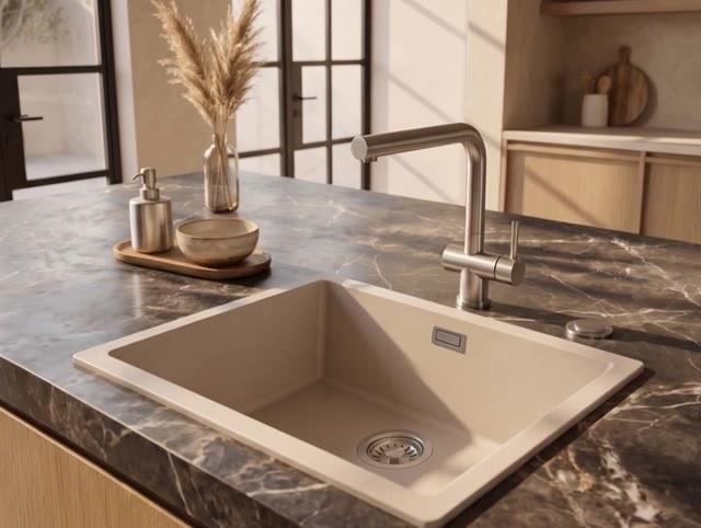 Pure.Sink Eternal Quartz Coffee cream Spoelbak 50x40 cm Onderbouw en Opbouw met RVS plug