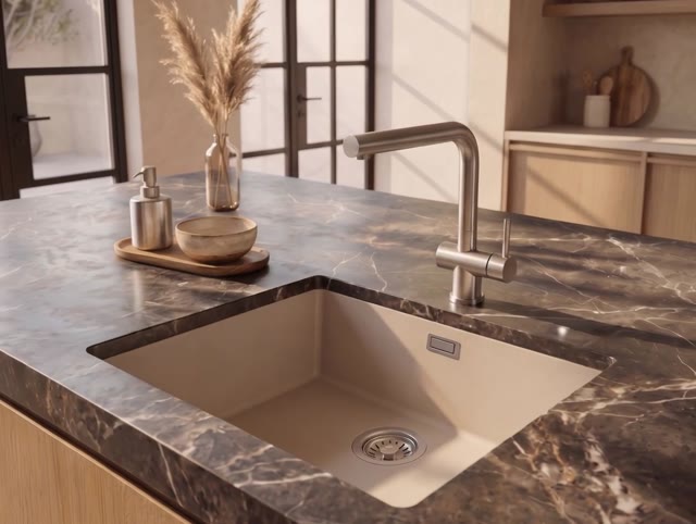 Pure.Sink Eternal Quartz Coffee cream Spoelbak 50x40 cm Onderbouw en Opbouw met RVS plug