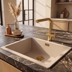 Pure.Sink Eternal Quartz Coffee cream Spoelbak 50x40 cm Onderbouw en Opbouw met Gouden plug