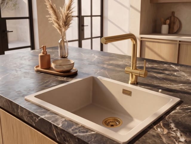 Pure.Sink Eternal Quartz Coffee cream Spoelbak 50x40 cm Onderbouw en Opbouw met Gouden plug