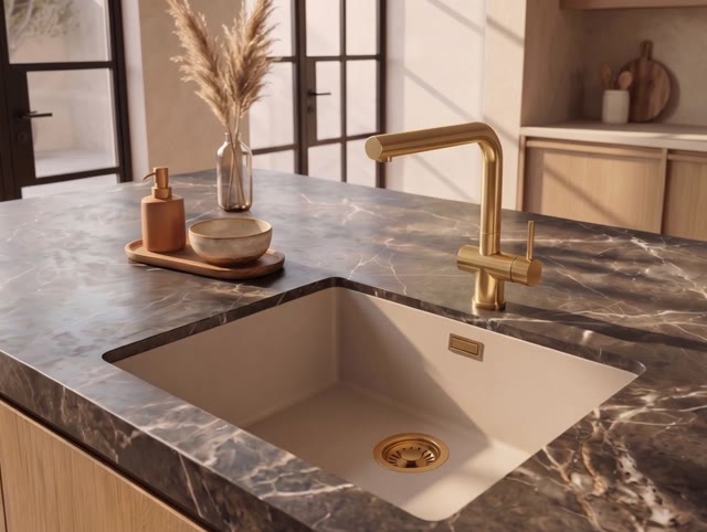 Pure.Sink Eternal Quartz Coffee cream Spoelbak 50x40 cm Onderbouw en Opbouw met Gouden plug