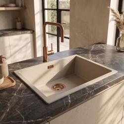 Pure.Sink Eternal Quartz Coffee cream Spoelbak 50x40 cm Onderbouw en Opbouw met Koperen plug