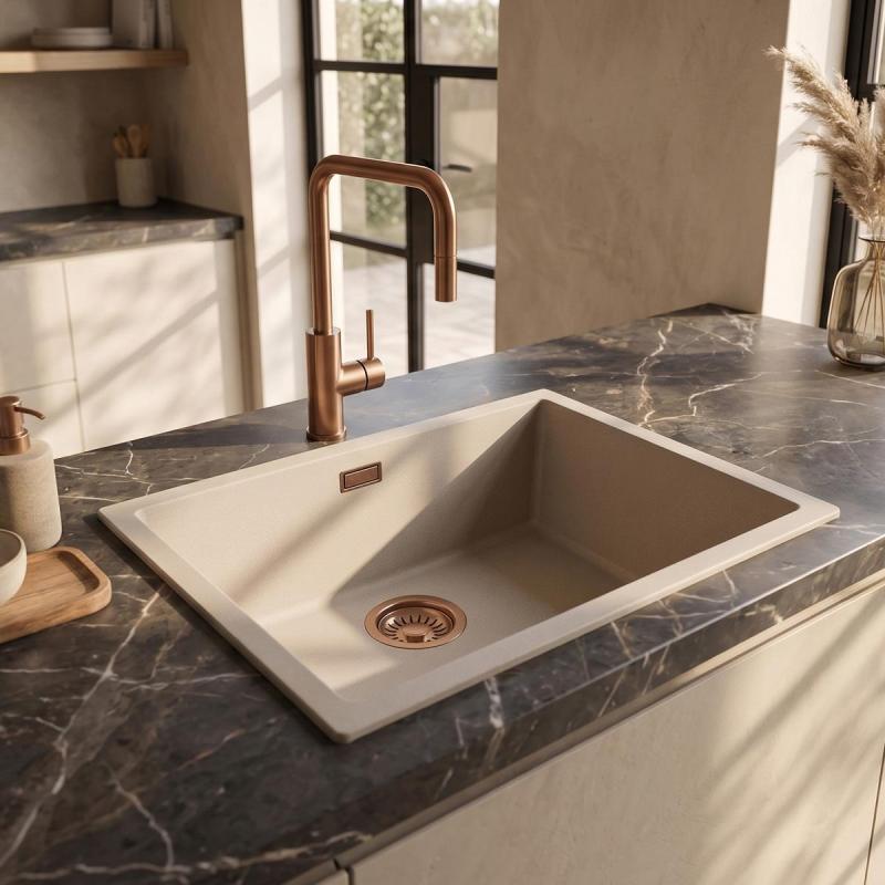 Pure.Sink Eternal Quartz Coffee cream Spoelbak 50x40 cm Onderbouw en Opbouw met Koperen plug