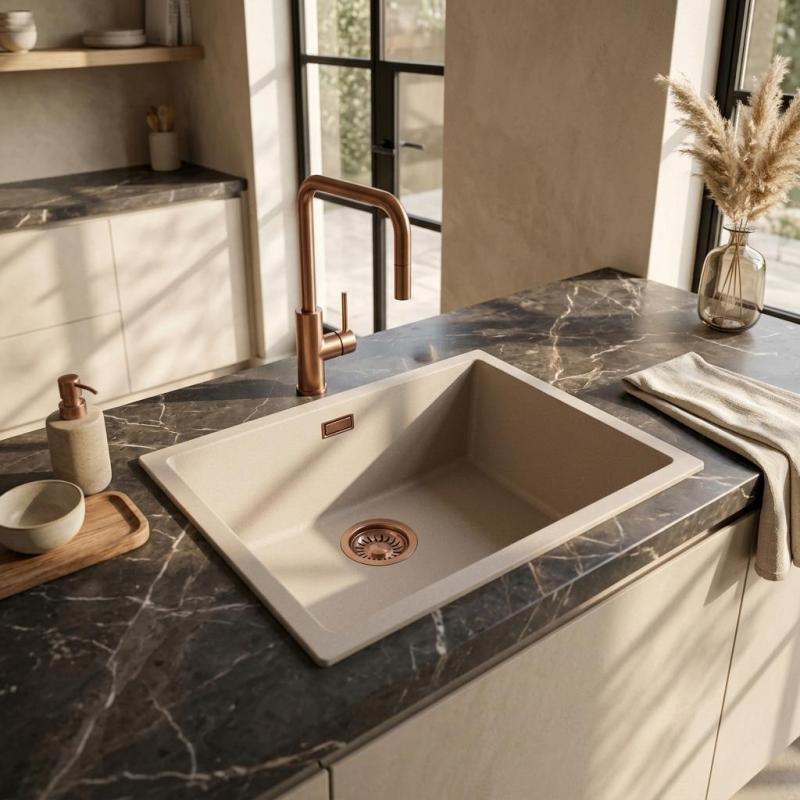Pure.Sink Eternal Quartz Coffee cream Spoelbak 50x40 cm Onderbouw en Opbouw met Koperen plug