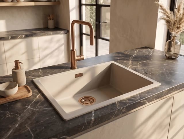 Pure.Sink Eternal Quartz Coffee cream Spoelbak 50x40 cm Onderbouw en Opbouw met Koperen plug