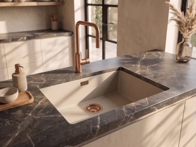 Pure.Sink Eternal Quartz Coffee cream Spoelbak 50x40 cm Onderbouw en Opbouw met Koperen plug