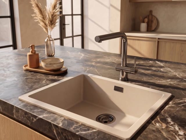 Pure.Sink Eternal Quartz Coffee cream Spoelbak 50x40 cm Onderbouw en Opbouw met Gun metal plug